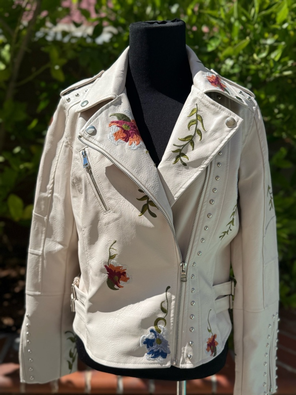 NEW (wot)! Embroidered Cream Vegan Leather Moto Jacket